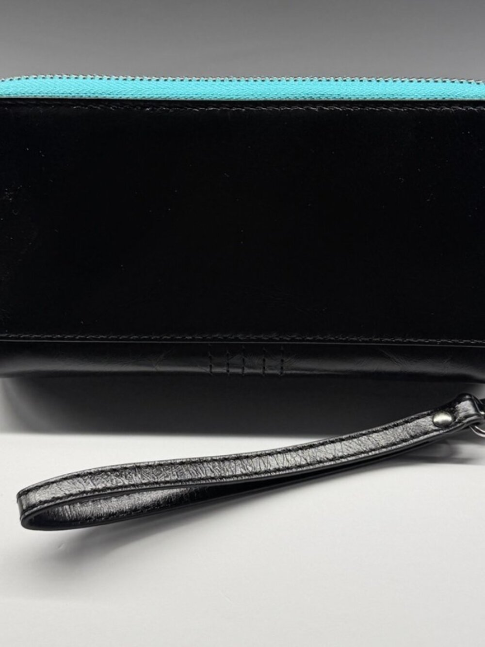 LODIS Black Leather Double Zip Wristlet Wallet Teal & Black Silver Hardware NWT - Picture 9 of 14